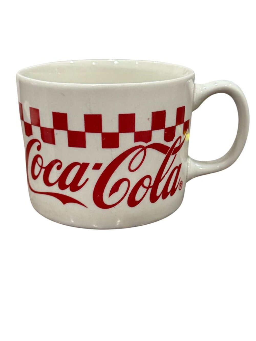 Vintage 1999 Coca-Cola Gibson Ceramic Coffee Mug Cup Red White Checkerboard